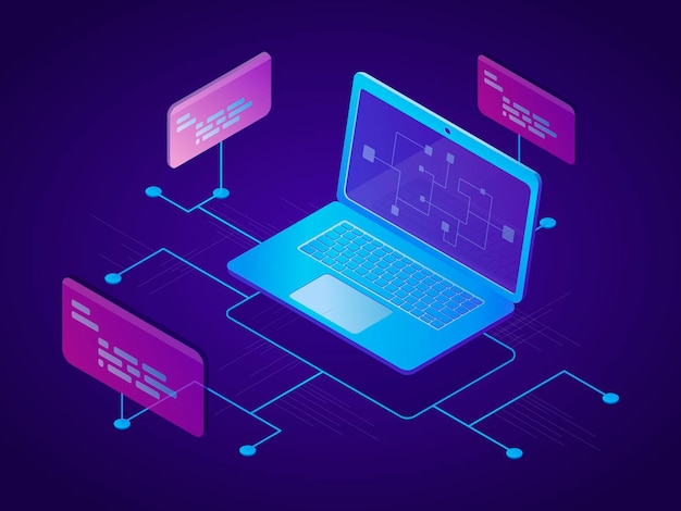 Vector ilustración tecno isométrica moderna Una computadora portátil con una red de enlaces de información Programación de computadoras y concepto de desarrollo de software