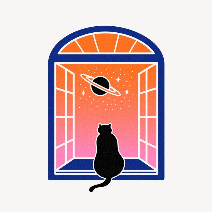 Vector de ilustración de la ventana de la galaxia del clipart del gato negro
