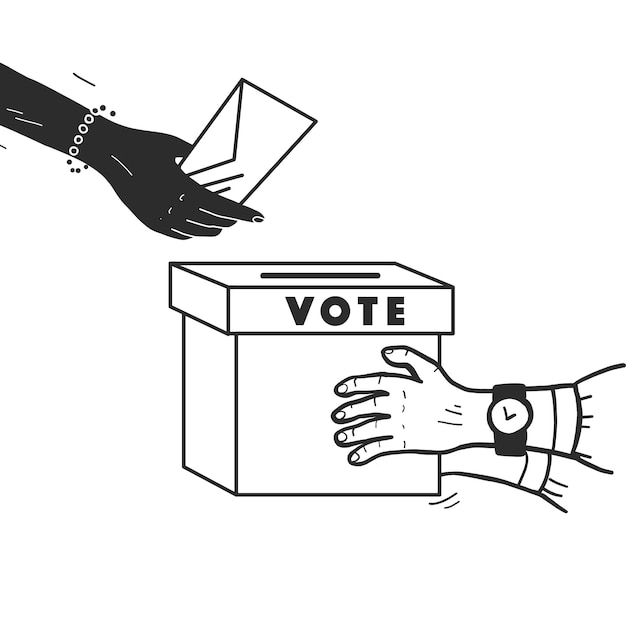 Vector ilustración de voto con manos humanas, boletín de votación y caja de votación aislada sobre fondo blanco. Dibujado a mano estilo doodle. Bueno para pancartas, carteles, carteles, flayer, diseño publicitario, etc.