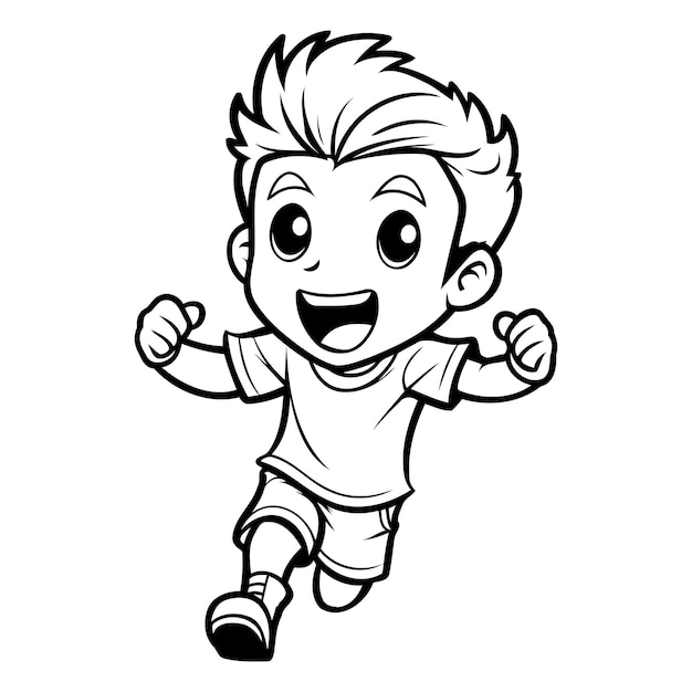 Vector de ilustraciones de dibujos animados en blanco y negro de Happy Boy Jumping