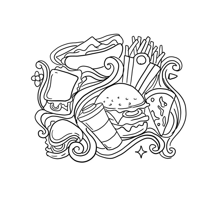 Vector vector de ilustraciones de fideos dibujados a mano de comida rápida y comida chatarra
