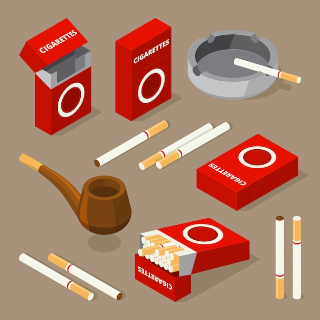 Vector ilustraciones isométricas de cigarrillos y diversos accesorios para fumadores.