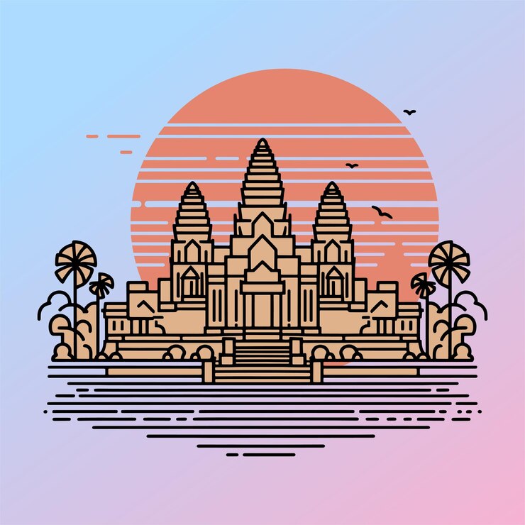 Vector vector de ilustraciones del templo de angkor wat, patrimonio de la humanidad