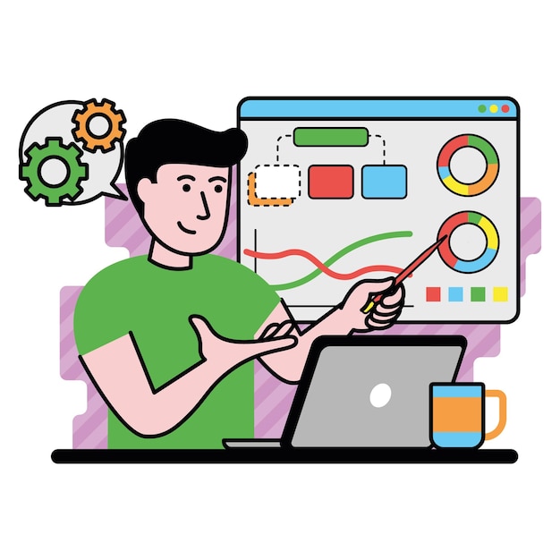 vector image con un entrenador de negocios lleva a cabo una capacitación sobre el tema del desarrollo de negocios digitales