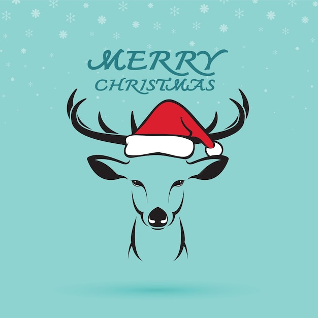 Vector vector de la imagen de un ciervo y sombreros de santa sobre fondo azul feliz navidad