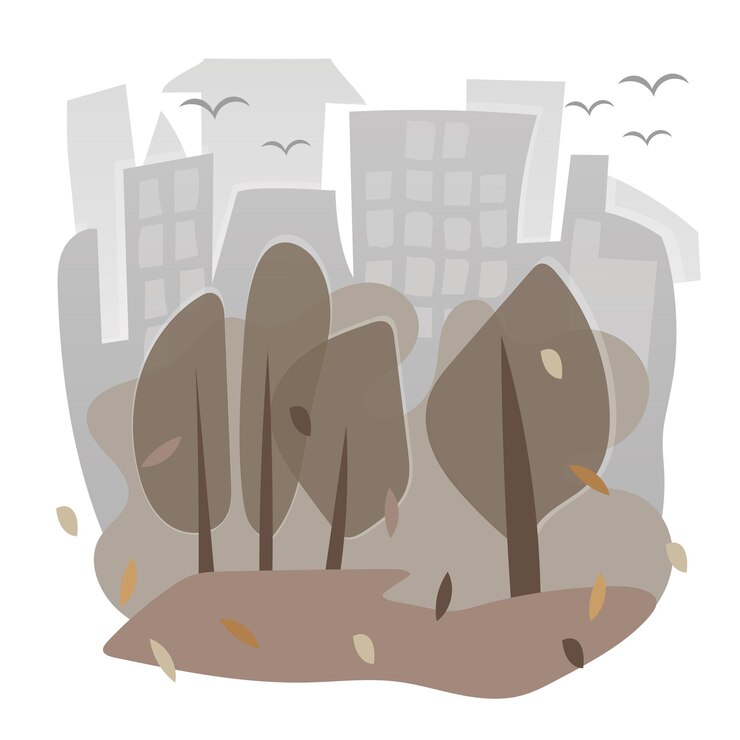 Vector vector de la imagen con la ciudad - casas y árboles en otoño