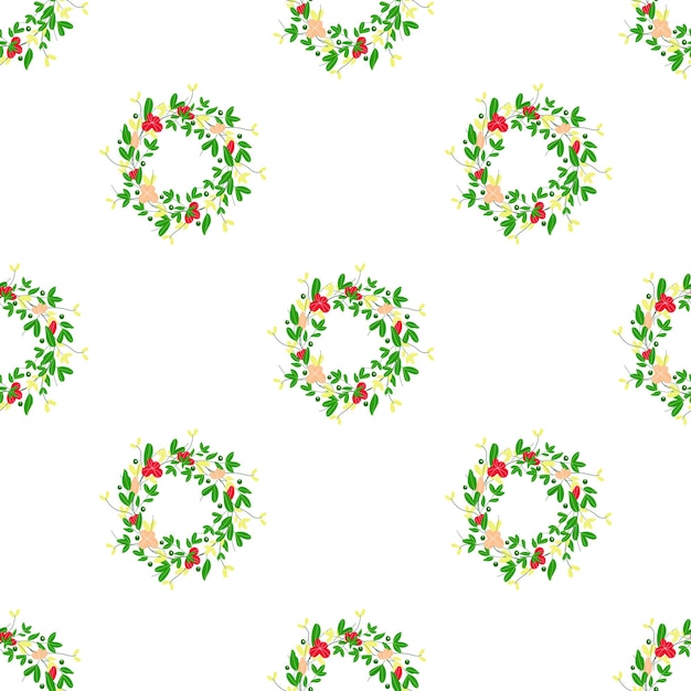 Vector de la imagen de una enredadera con flores rojas y hojas verdes sobre un fondo blanco de patrones sin fisuras