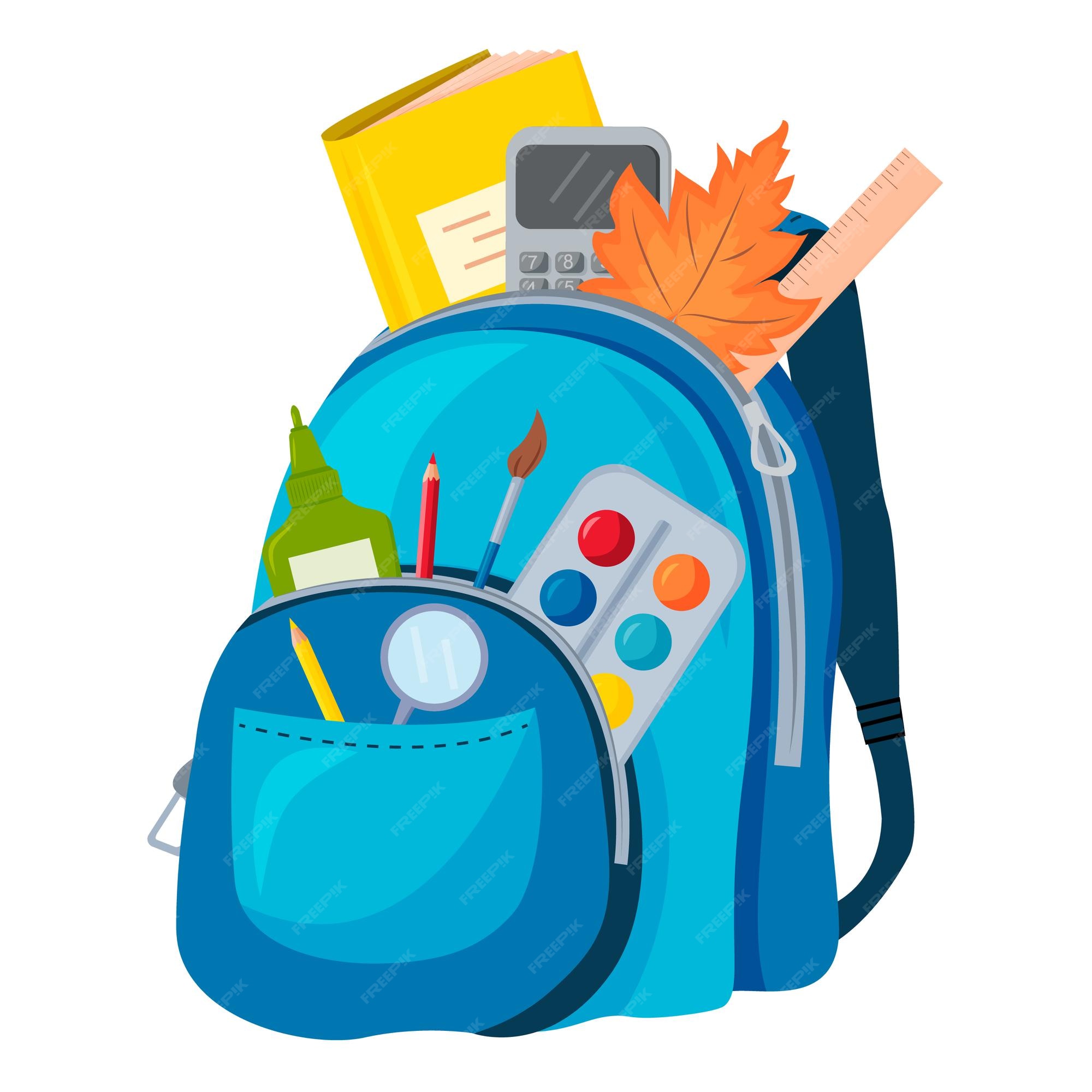 Vector de la imagen de una mochila azul con escolares. el concepto de educación escolar. | Vector Premium