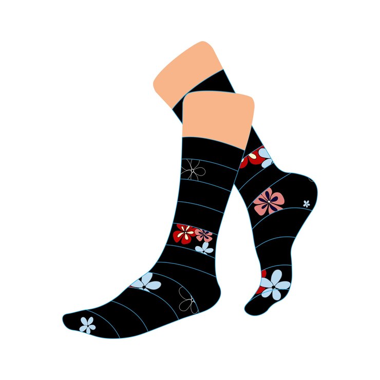 Vector vector de la imagen de las piernas en calcetines de rayas negras con flores. textil colorido, lindo patrón. adecuado f