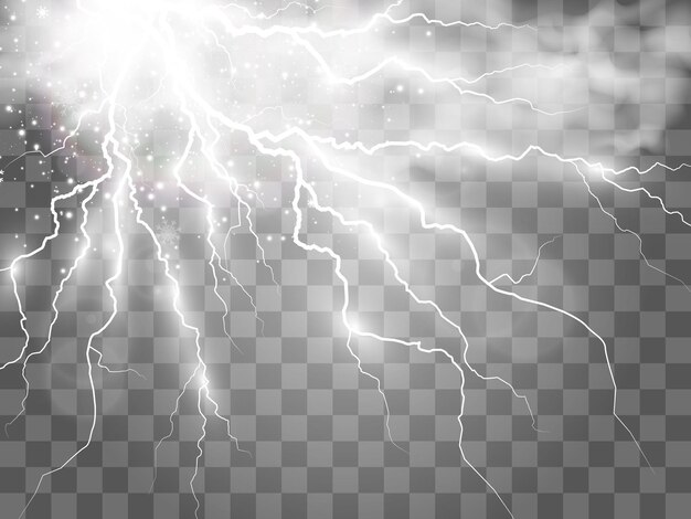 Vector de la imagen de un rayo realista. Destello de trueno sobre un fondo transparente.