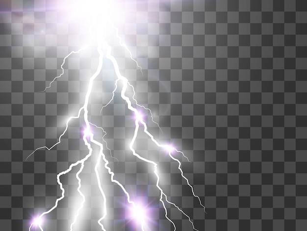 Vector de la imagen de un rayo realista. Destello de trueno sobre un fondo transparente.