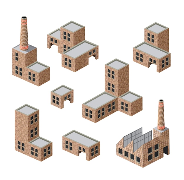 Vector imágenes isométricas de naves industriales de ladrillo.