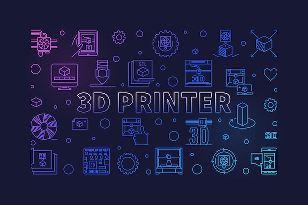 Vector de impresora 3d Concepto de impresión banner de contorno horizontal colorido
