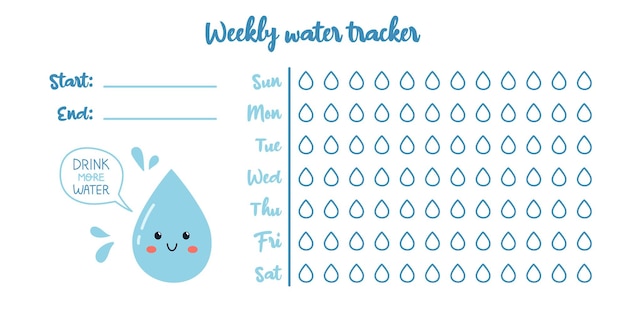 Vector imprimible rastreador de balance de agua semanal Calendario de 12 vasos por día Desafío de hidratación Plantilla de seguimiento de balance de agua Beber suficiente agua