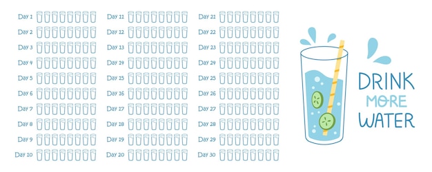 Vector imprimible Reto de equilibrio hídrico de 30 días Objetivo de 8 vasos por día Rastreador de hidratación Beber suficiente vaso de agua Plantilla mensual de seguimiento del balance hídrico