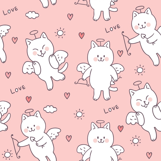 Vector inconsútil del modelo del gato y del amor del cupido del día de tarjetas del día de San Valentín de la historieta.