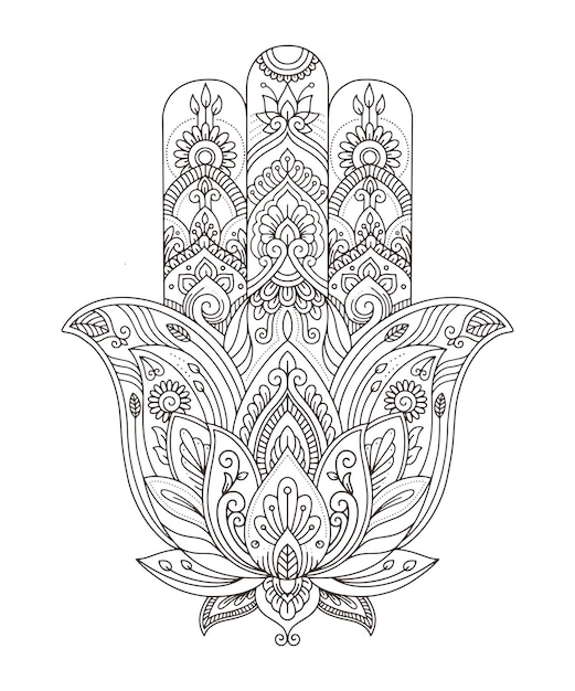 Vector vector indio hamsa dibujado a mano con adornos étnicos para libro de colorear para adultos