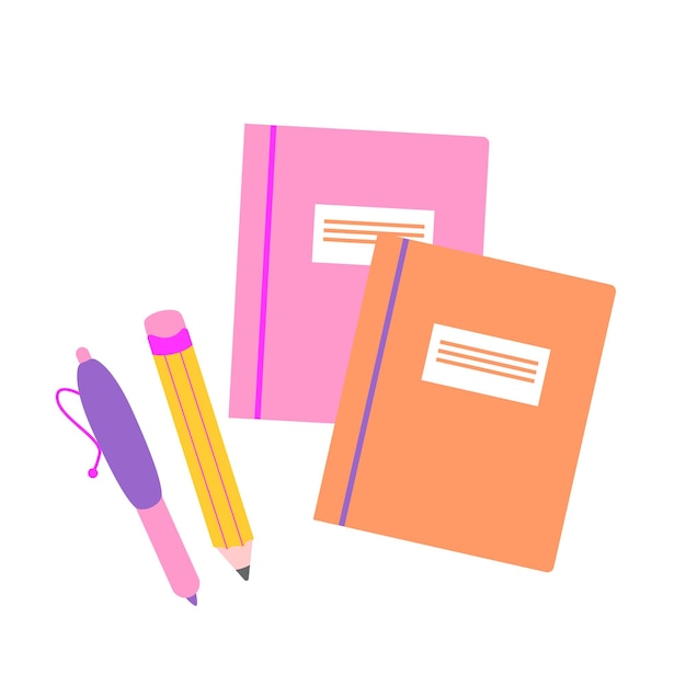 Vector infantil 1 de septiembre concepto de regreso a la escuela juego de lápices bolígrafos cuadernos de ejercicios ilustración plana de dibujos animados