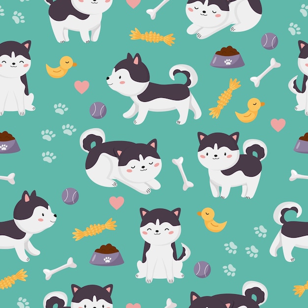 Vector infantil de patrones sin fisuras. Kawaii cartoon Husky siberiano perros con juguetes.