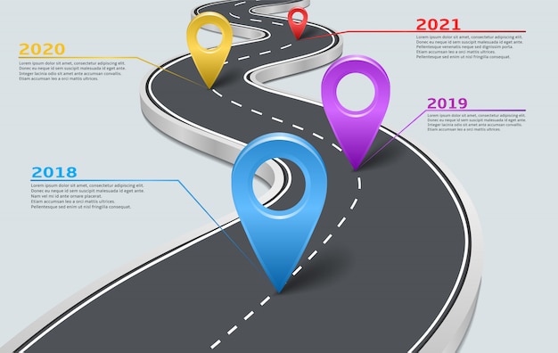 Vector infografía carretera coche timeline con punteros