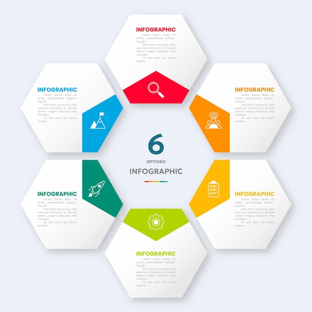 Vector infográfico de forma hexagonal moderna con íconos de 6 pasos