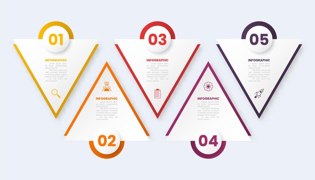 Vector infográfico de forma de triángulo moderno con iconos de 5 pasos