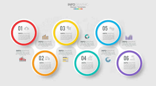 El vector infográfico de línea de tiempo con 6 pasos se puede utilizar para el diseño web del informe anual del diagrama de diseño de flujo de trabajo