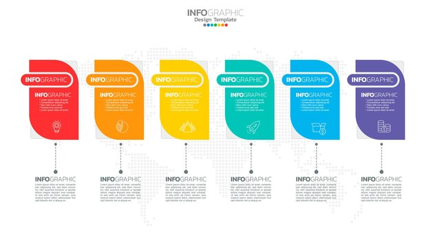 El vector infográfico de línea de tiempo con 6 pasos se puede utilizar para el diseño web del informe anual del diagrama de diseño de flujo de trabajo