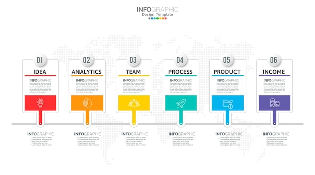 El vector infográfico de línea de tiempo con 6 pasos se puede utilizar para el diseño web del informe anual del diagrama de diseño de flujo de trabajo