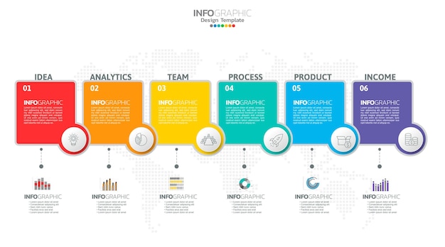 El vector infográfico de línea de tiempo con 6 pasos se puede utilizar para el diseño web del informe anual del diagrama de diseño de flujo de trabajo