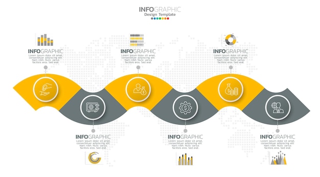 El vector infográfico de línea de tiempo con 6 pasos se puede utilizar para el diseño web del informe anual del diagrama de diseño de flujo de trabajo