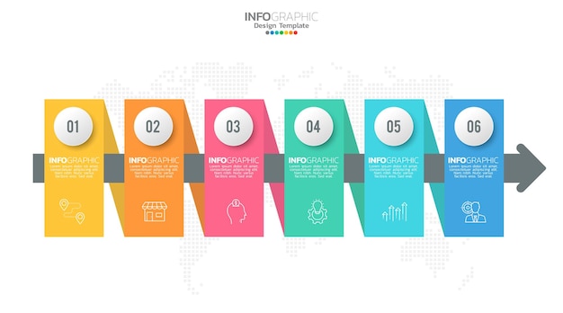 El vector infográfico de línea de tiempo con 6 pasos se puede utilizar para el diseño web del informe anual del diagrama de diseño de flujo de trabajo