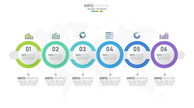 El vector infográfico de línea de tiempo con 6 pasos se puede utilizar para el informe anual del diagrama de diseño de flujo de trabajo