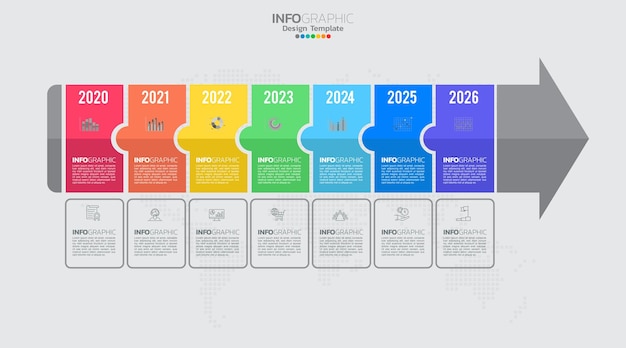 El vector infográfico de línea de tiempo con 7 pasos se puede utilizar para el diseño web del informe anual del diagrama de diseño de flujo de trabajo