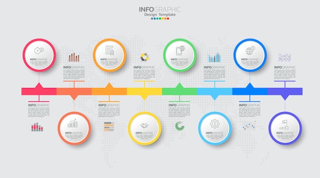 El vector infográfico de línea de tiempo con 8 pasos se puede utilizar para el diseño web del informe anual del diagrama de diseño de flujo de trabajo