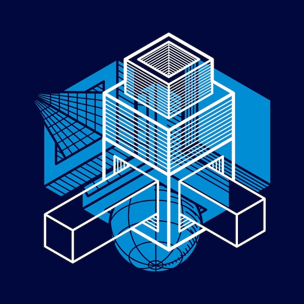 Vector vector de ingeniería 3d, forma abstracta hecha con cubos y formas geométricas.