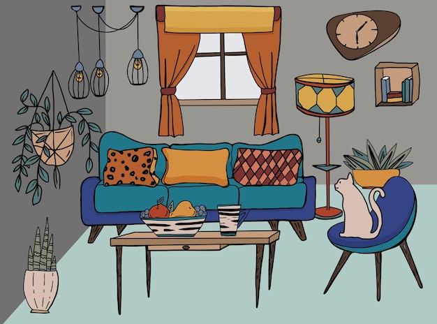 Vector interior de sala de estar dibujado a mano ilustración de dibujos animados Muebles de garabatos en estilo de mediados de siglo