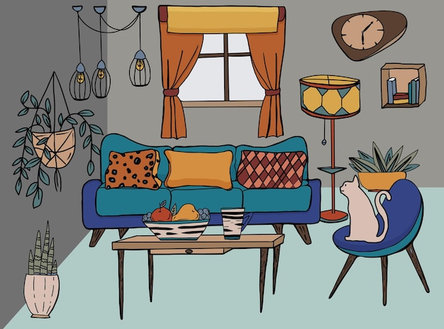 Vector interior de sala de estar dibujado a mano ilustración de dibujos animados muebles de garabatos en estilo de mediados de siglo