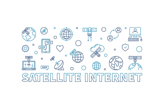 Vector de Internet por satélite contorno de banner horizontal creativo Ilustración lineal del concepto de transmisión de datos por satélite inalámbrico