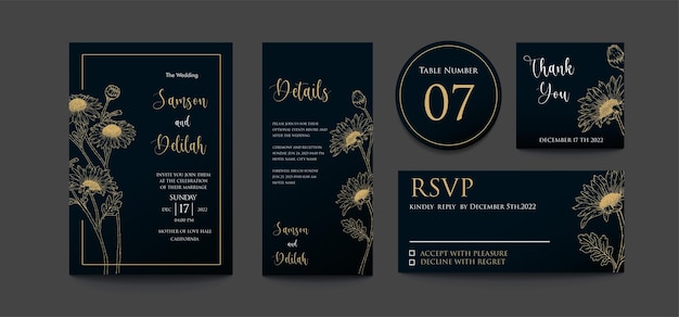 Vector de invitación de boda de lujo marino oscuro y elegancia