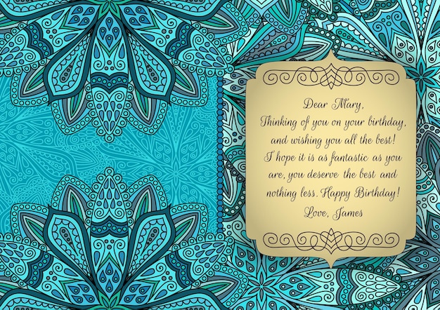 Vector Invitación parte interior Elemento de diseño floral Plantilla de invitación A6 Decoración azul turquesa Tarjeta de cumpleaños de felicitación Tejido patrón floral Fondo vintage inusual Borde de marco caligráfico