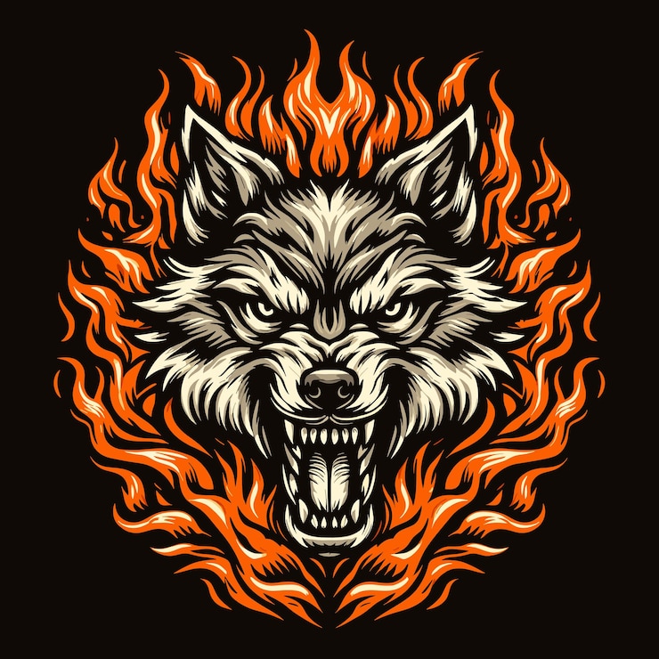 Vector vector de ira cabeza de lobo en llamas en negro