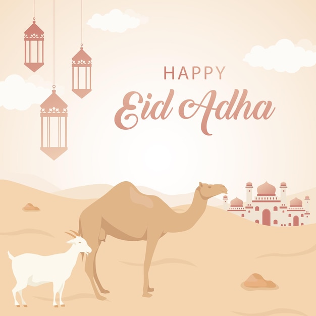 Vector islámico Eid al Adha con fondo de cabra y camello