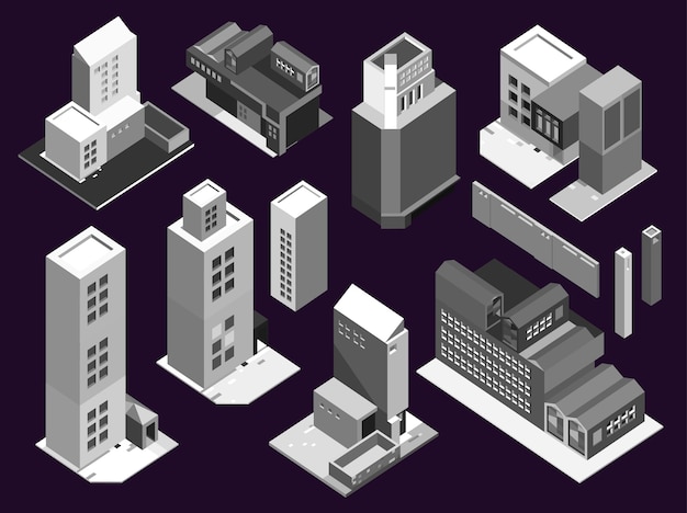 Vector isométrica baja poli edificios y casas