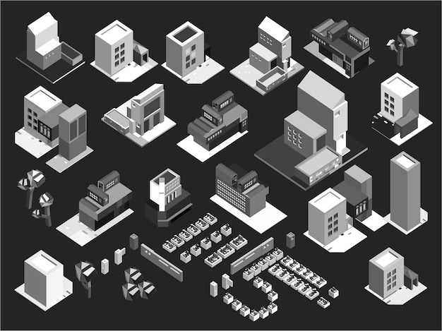 Vector isométrica baja poli edificios y casas