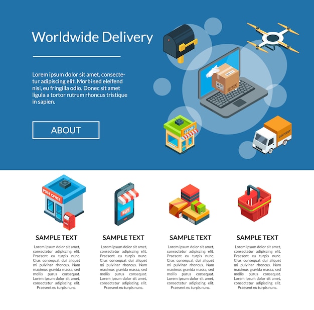 Vector isométrica logística y plantilla de página de destino de entrega