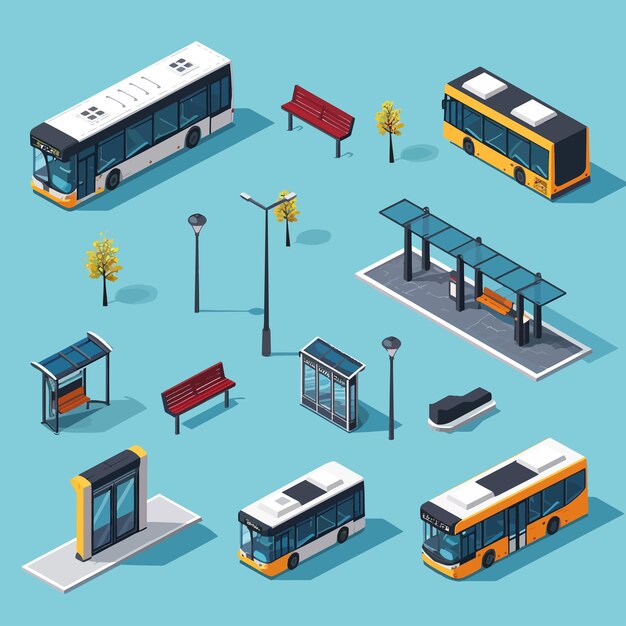 Vector vector_isométrico_bus_stop_concept_objects_set (conjunto de objetos)