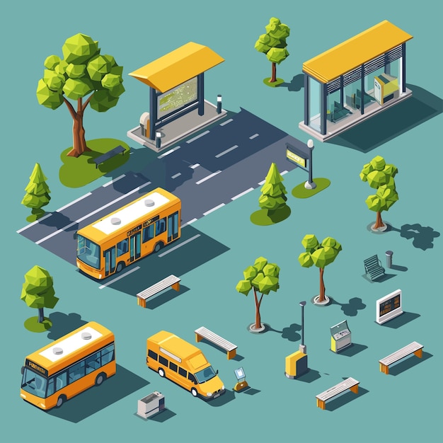 Vector vector_isométrico_bus_stop_concept_objects_set (conjunto de objetos)