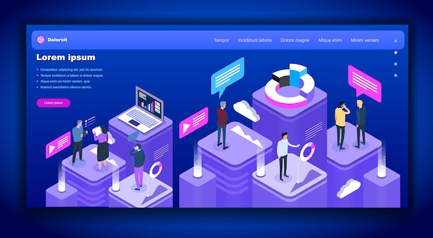 Vector Isométrico Concepto de sitio Estrategias empresariales y concepto vectorial de finanzas empresariales Personas de negocios que trabajan juntas y desarrollan una estrategia empresarial exitosa Ilustración vectorial