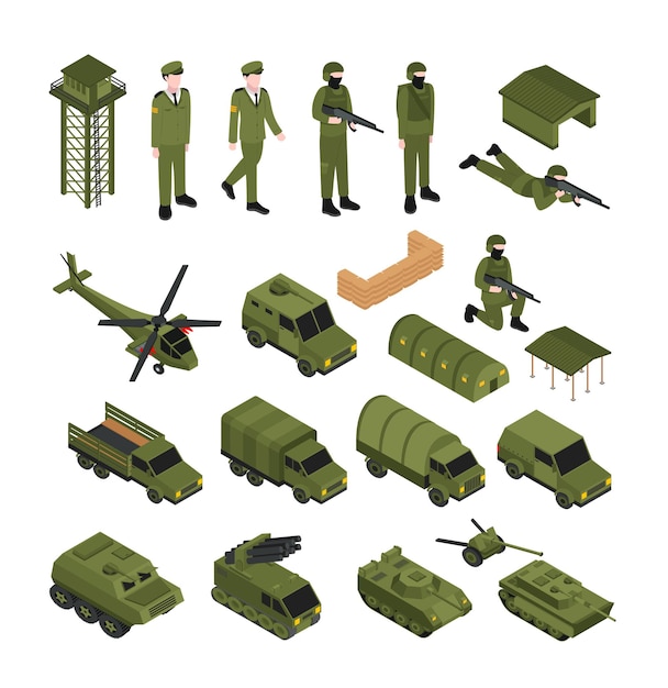 Vector isométrico de elementos militares sobre un fondo blanco.